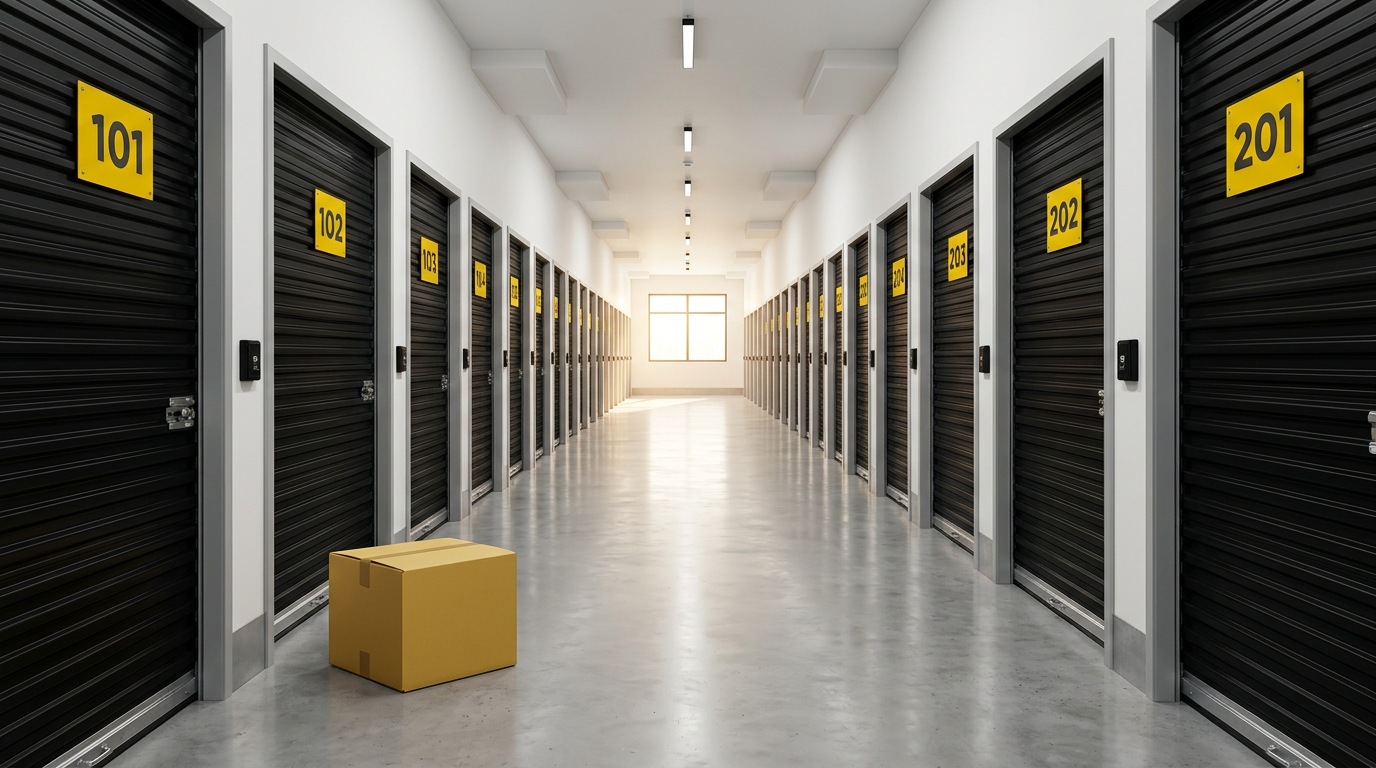 Corridor of self-storage units with matte black doors and yellow number plates