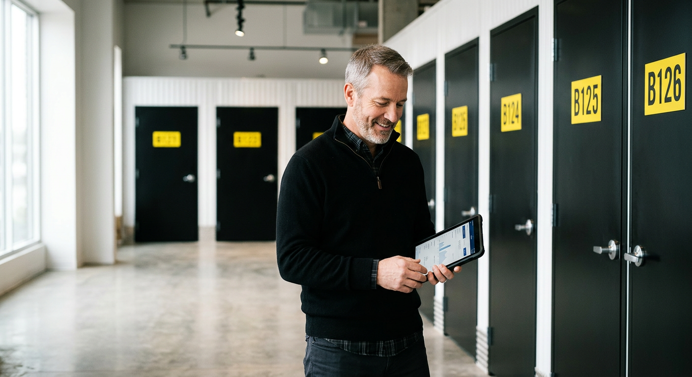 The centre owner reviewing a booking on a tablet in the storage corridor